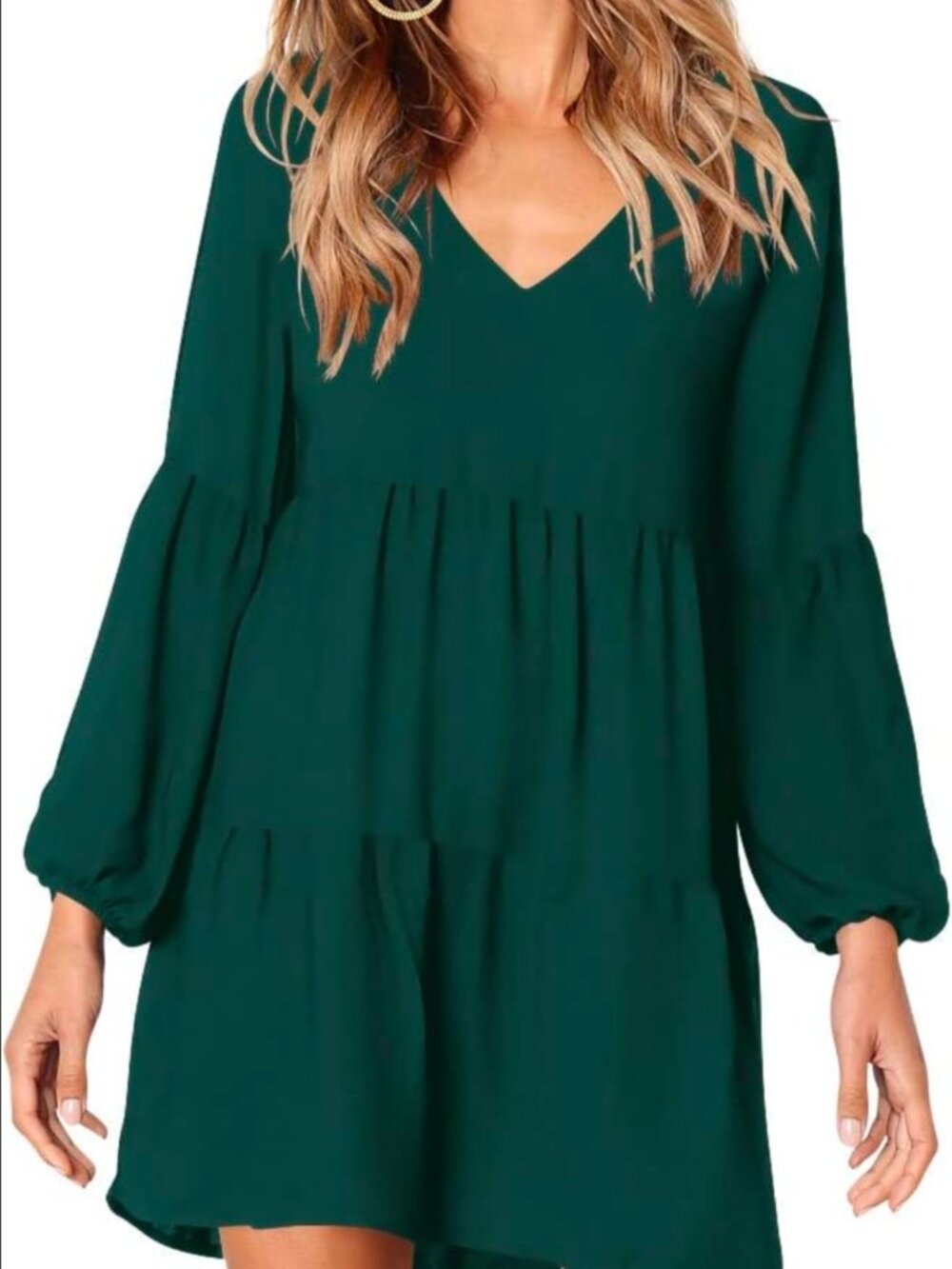 Amoretu Dark Green Tiered Swing Dress Long Sleeve Medium